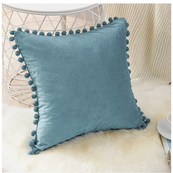Dusty Light Blue Modern Preppy Pompom Throw Pillow Decorative Cute Cover Set - Picture 3 of 16